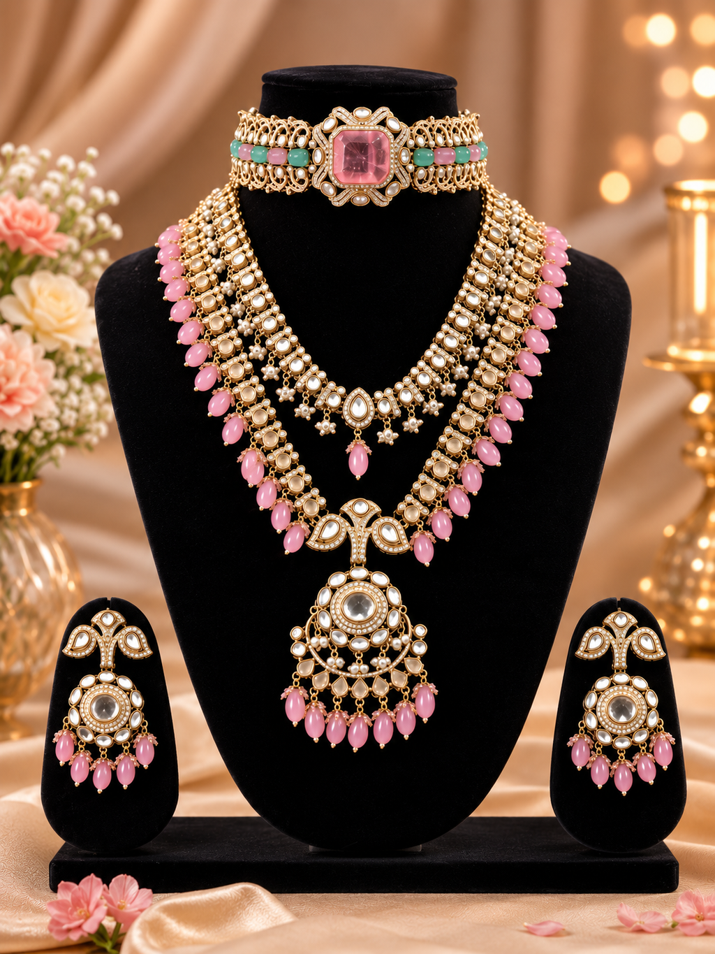 Luxury Pink Kundan Bridal Necklace Set