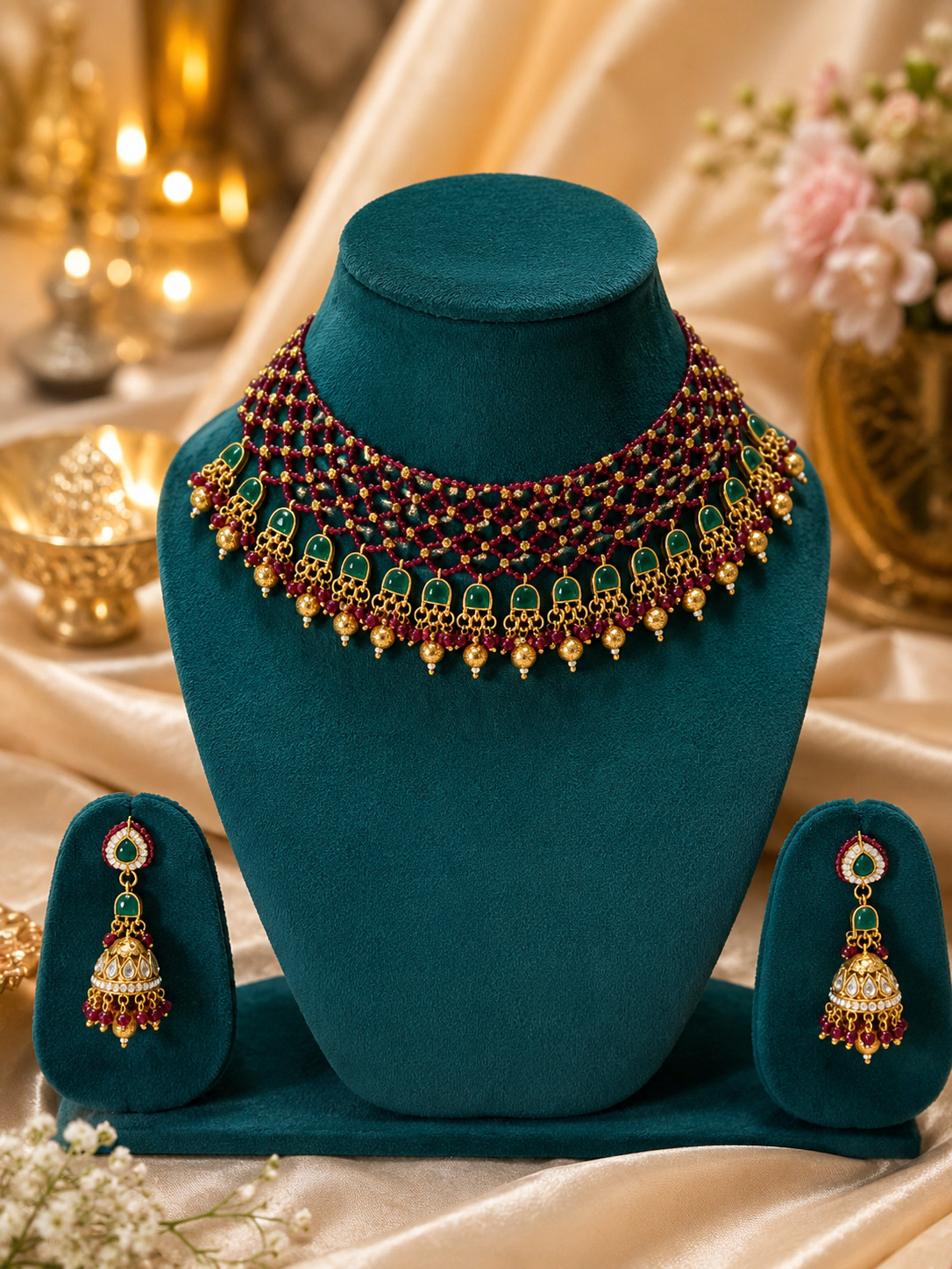 Ruby Emerald Kundan Jhumka Earrings