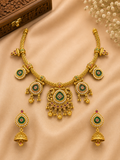 Royal Heritage Peacock Motif Antique Gold Choker Necklace Set with Jhumka Earrings