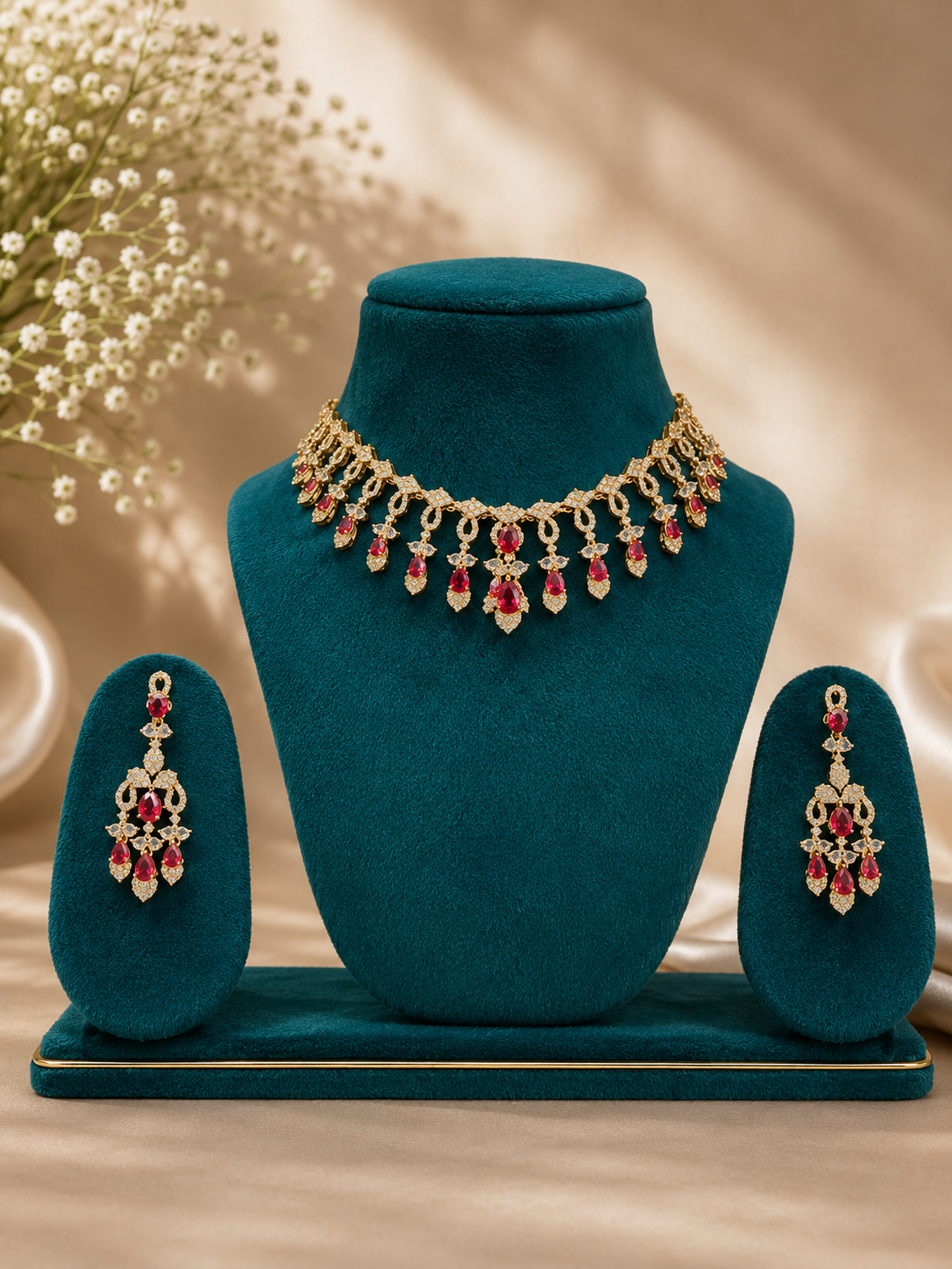 Royal Ruby Cascade American Diamond Necklace Set
