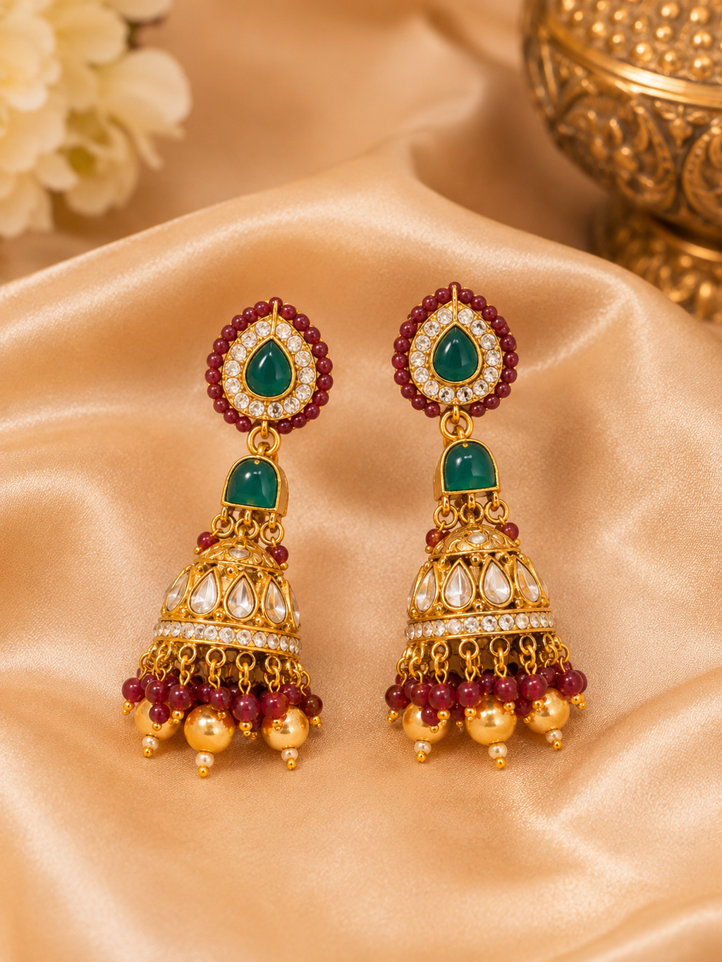 Ruby Emerald Kundan Jhumka Earrings