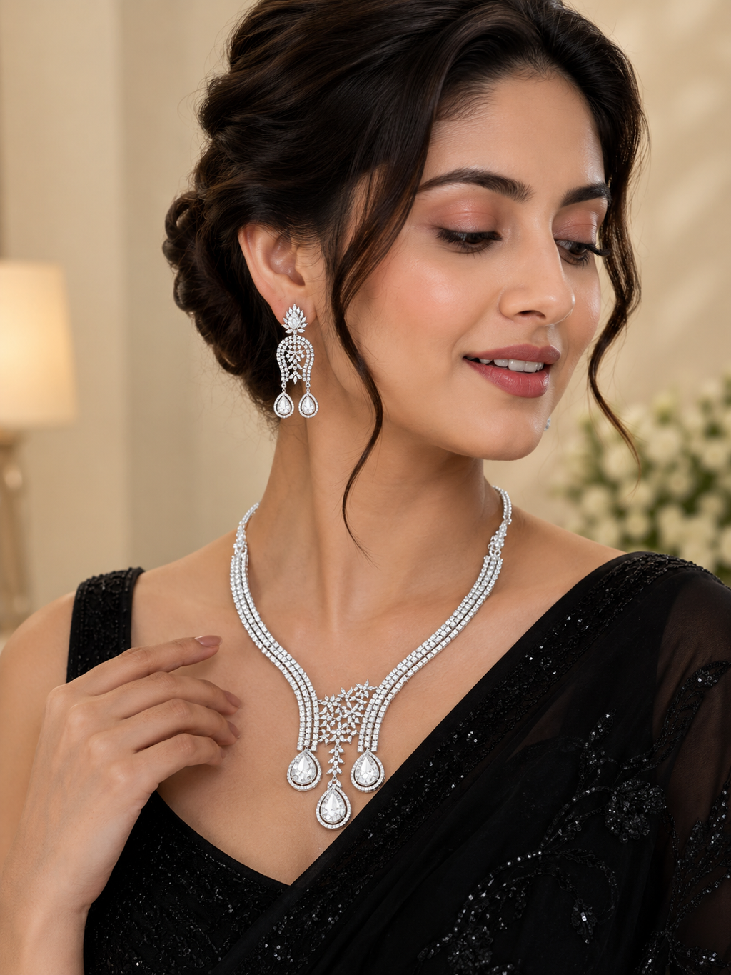 Luxury American Diamond Floral Drop Necklace Set