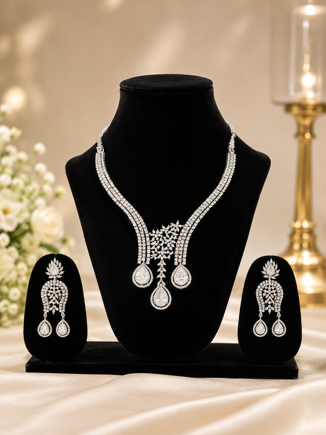 Luxury American Diamond Floral Drop Necklace Set