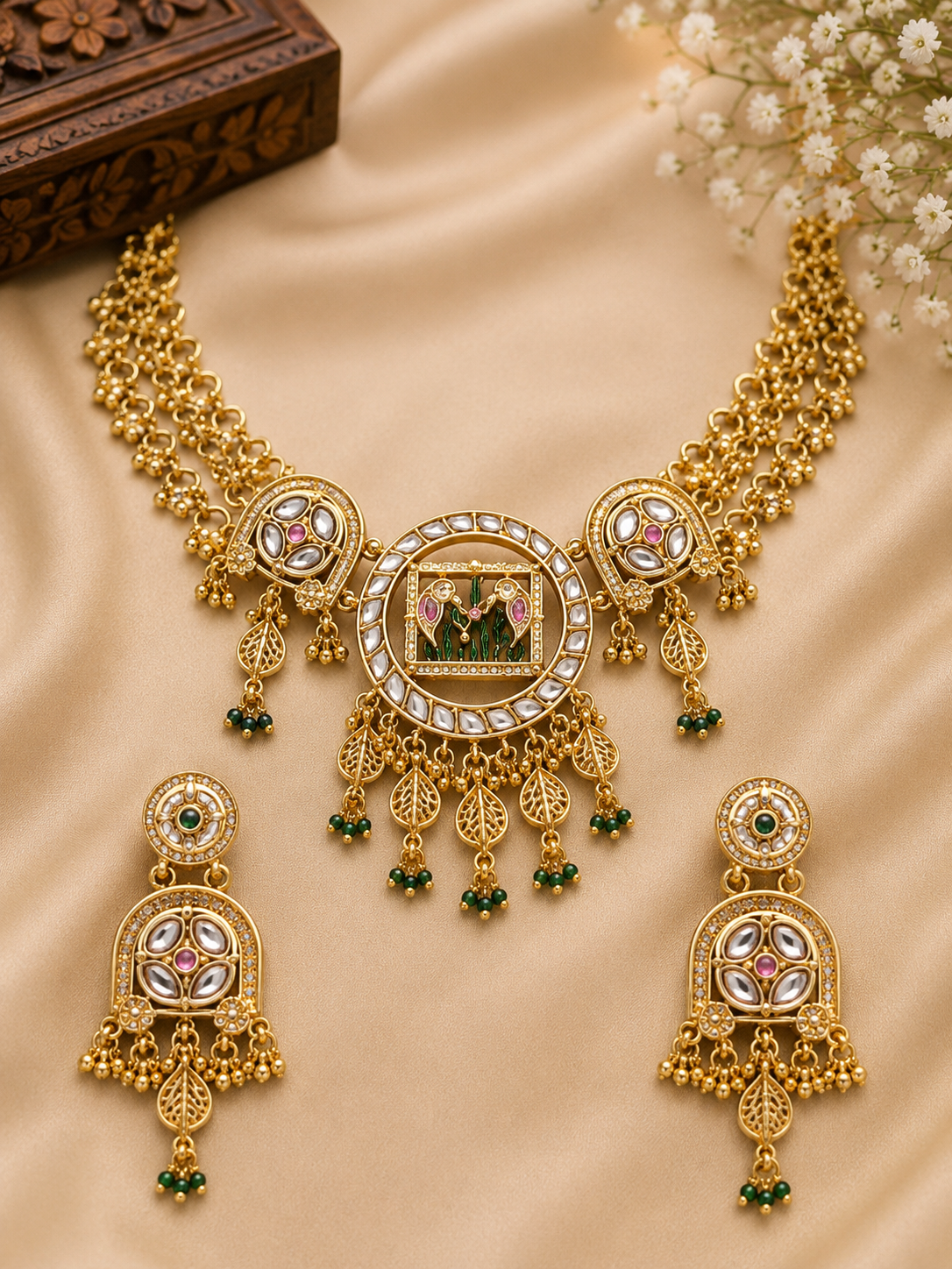 Royal Heritage Kundan Peacock Motif Choker Necklace Set with Designer Earrings