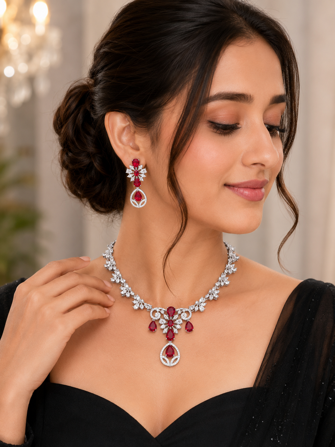 Ruby Blossom American Diamond Necklace Set