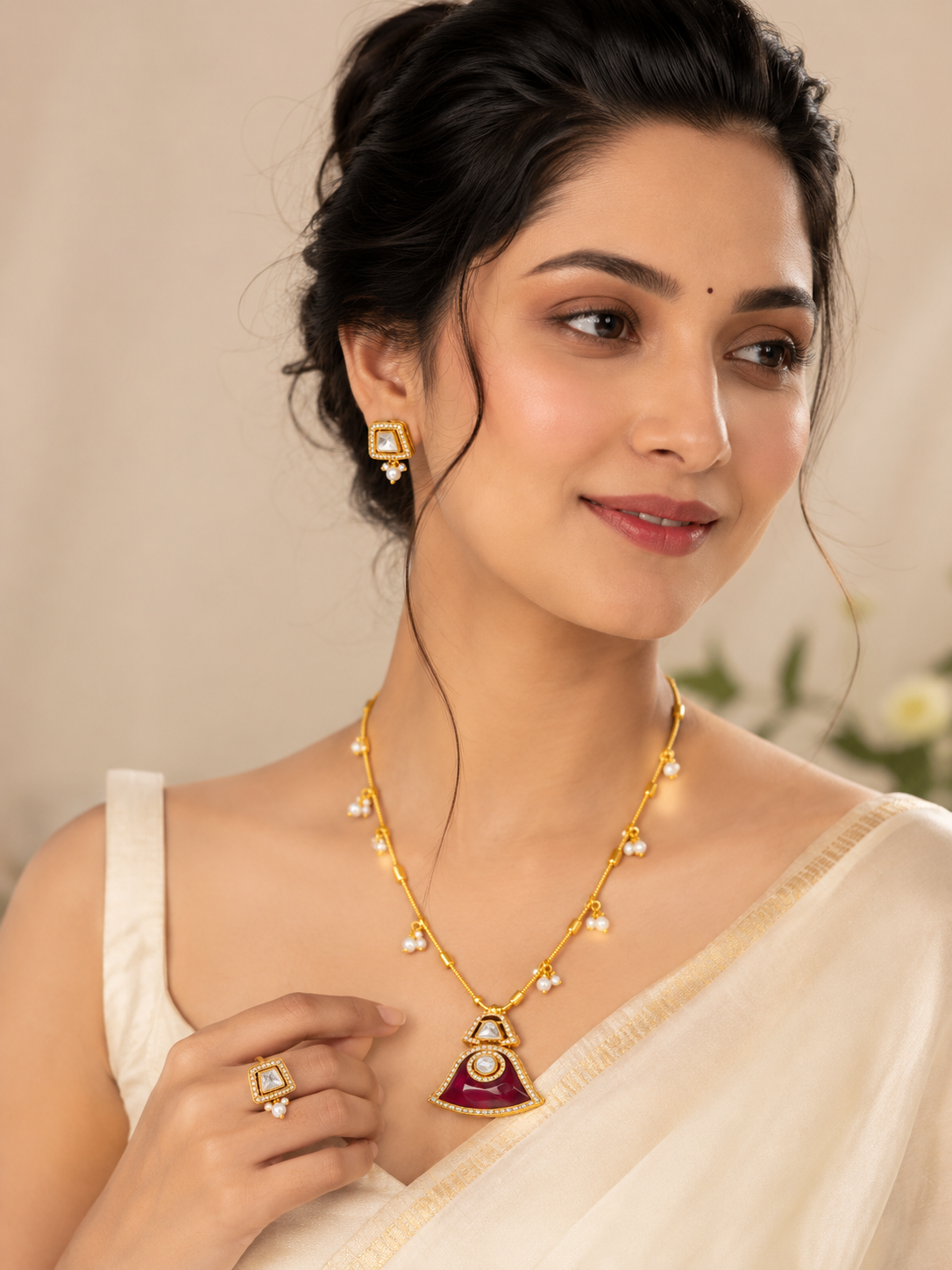 Royal Pearl Drop Temple Pendant Necklace Set