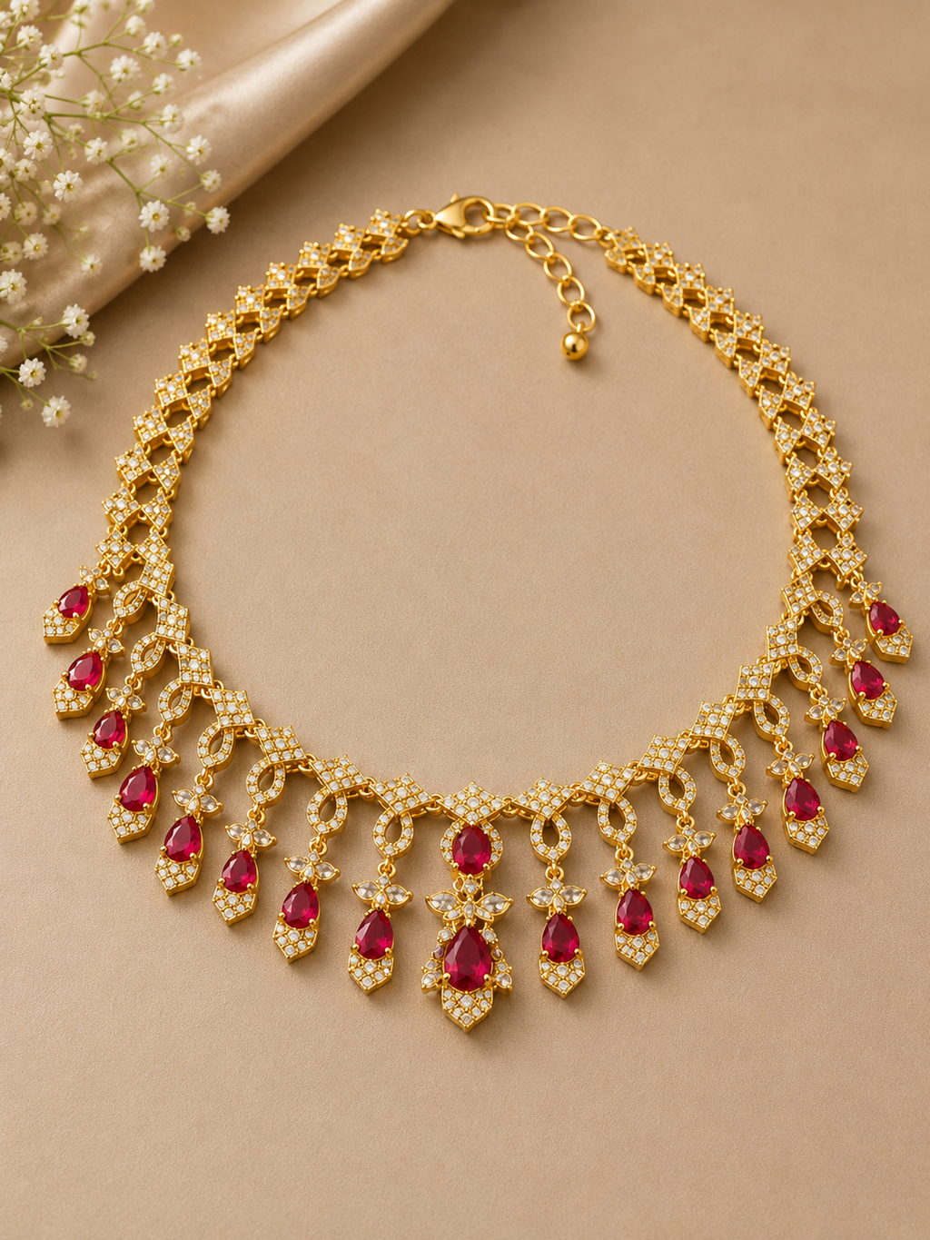 Royal Ruby Cascade American Diamond Necklace Set