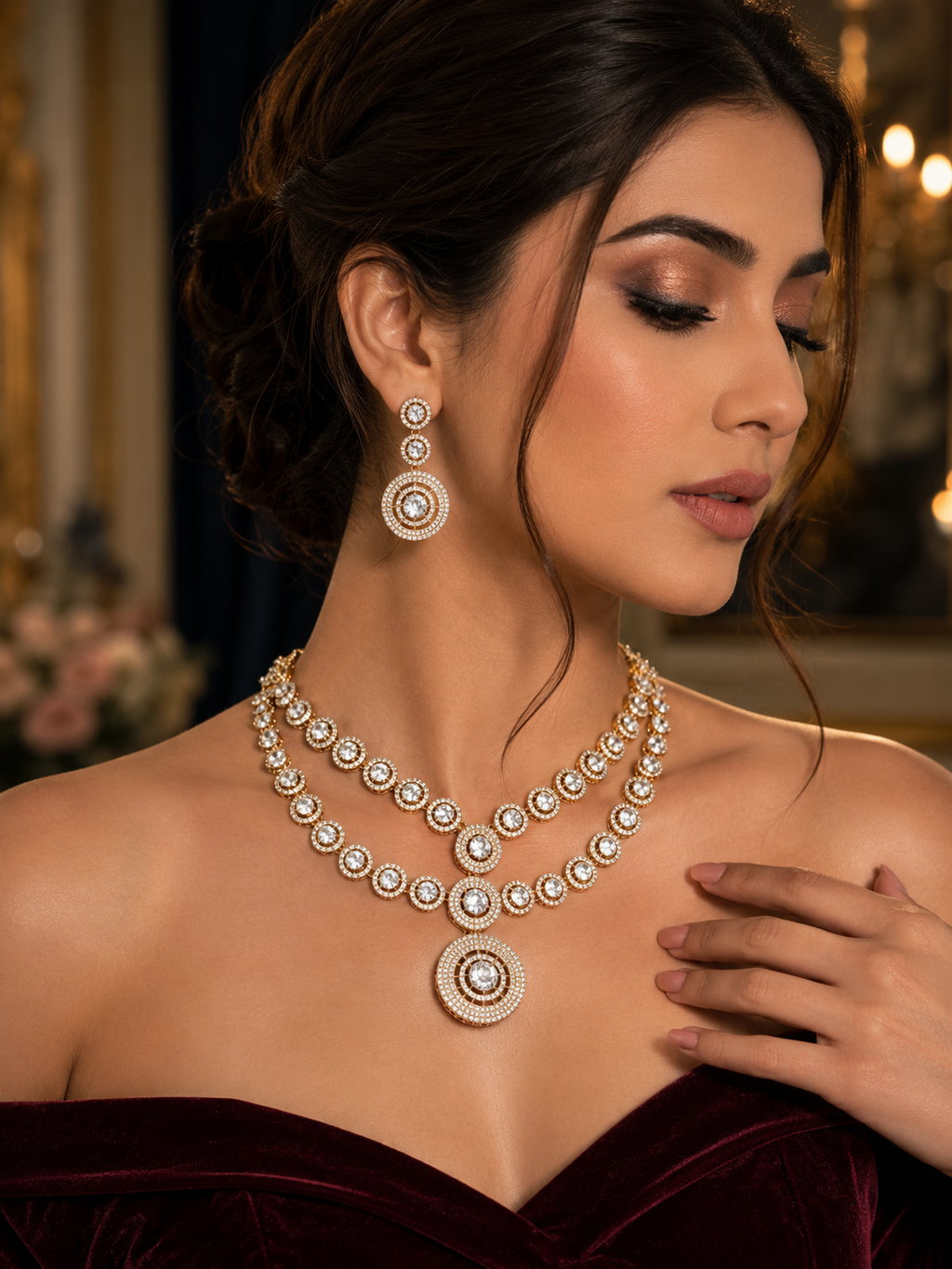 Classic Double Strand Kundan Necklace Set