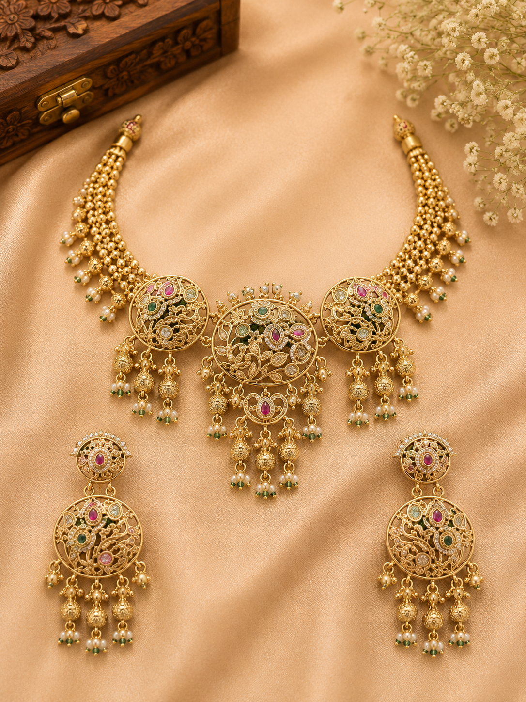 Royal Heritage Floral Kundan Choker Necklace Set with Designer Earrings