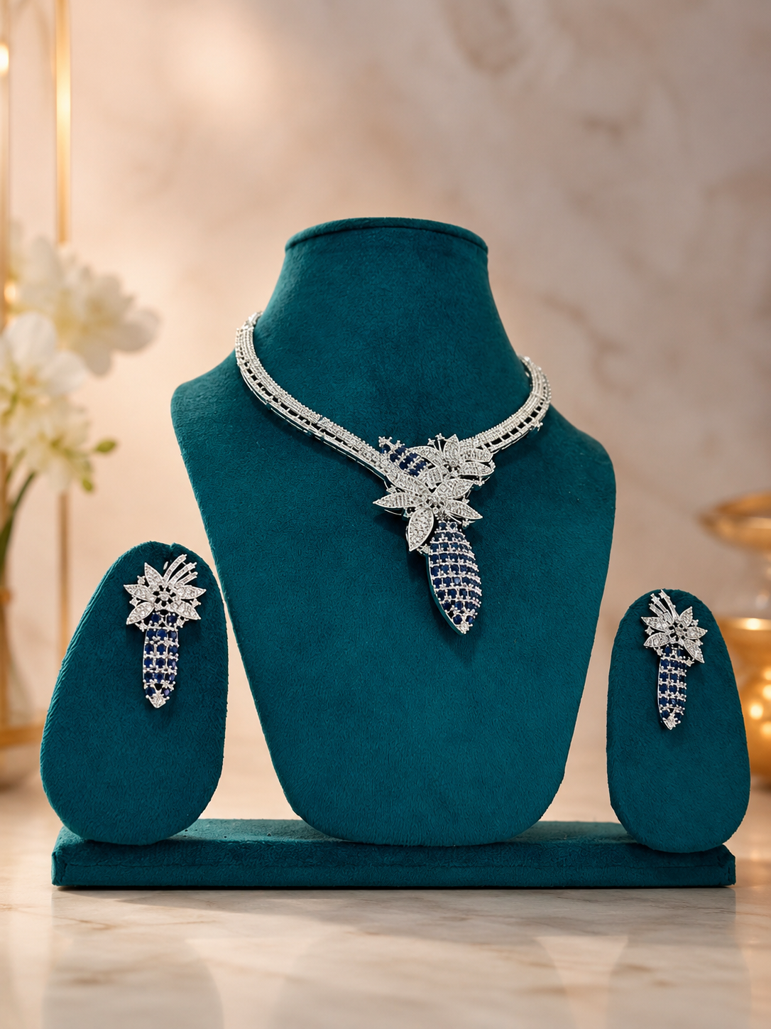 Midnight Bloom American Diamond Necklace Set