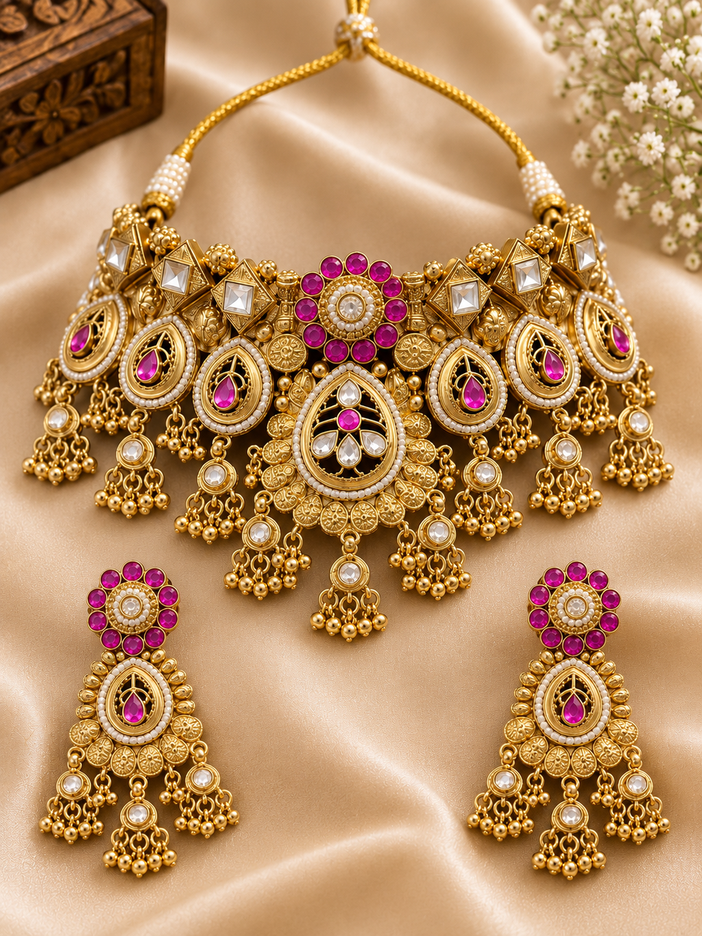 Royal Rajwadi Kundan Pink Stone Choker Necklace Set with Designer Earrings