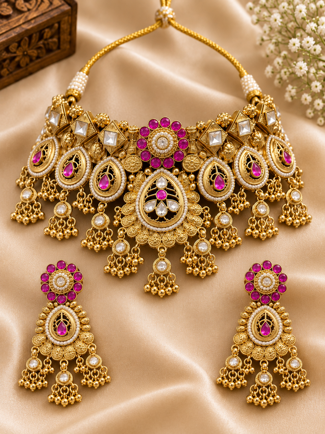 Royal Rajwadi Kundan Pink Stone Choker Necklace Set with Designer Earrings