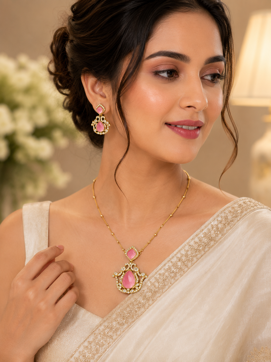 Blush Pink Crystal Pendant Necklace Set