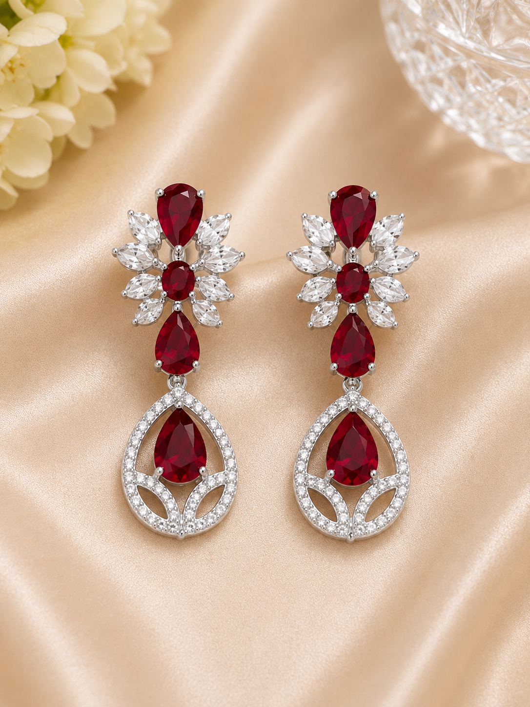 Ruby Blossom American Diamond Necklace Set