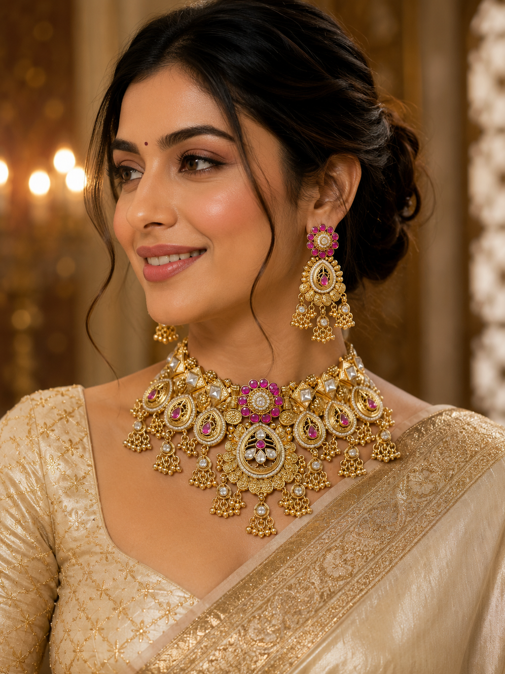 Royal Rajwadi Kundan Pink Stone Choker Necklace Set with Designer Earrings