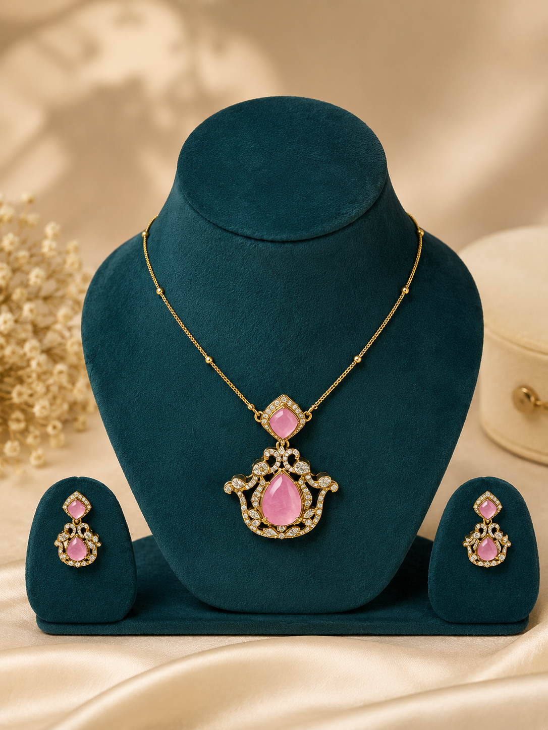 Blush Pink Crystal Pendant Necklace Set