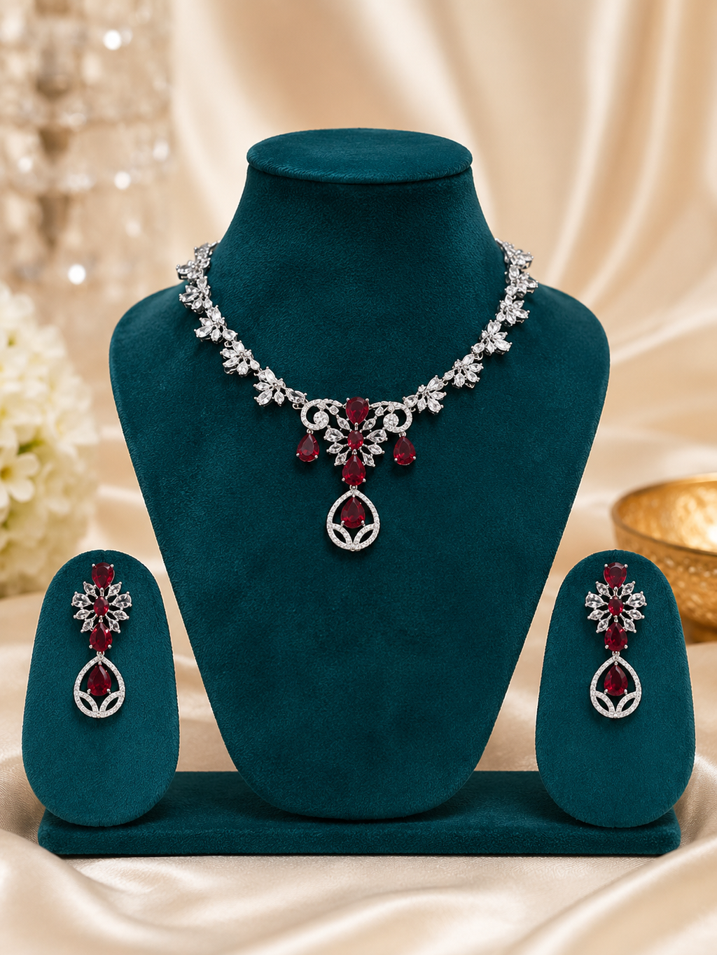 Ruby Blossom American Diamond Necklace Set