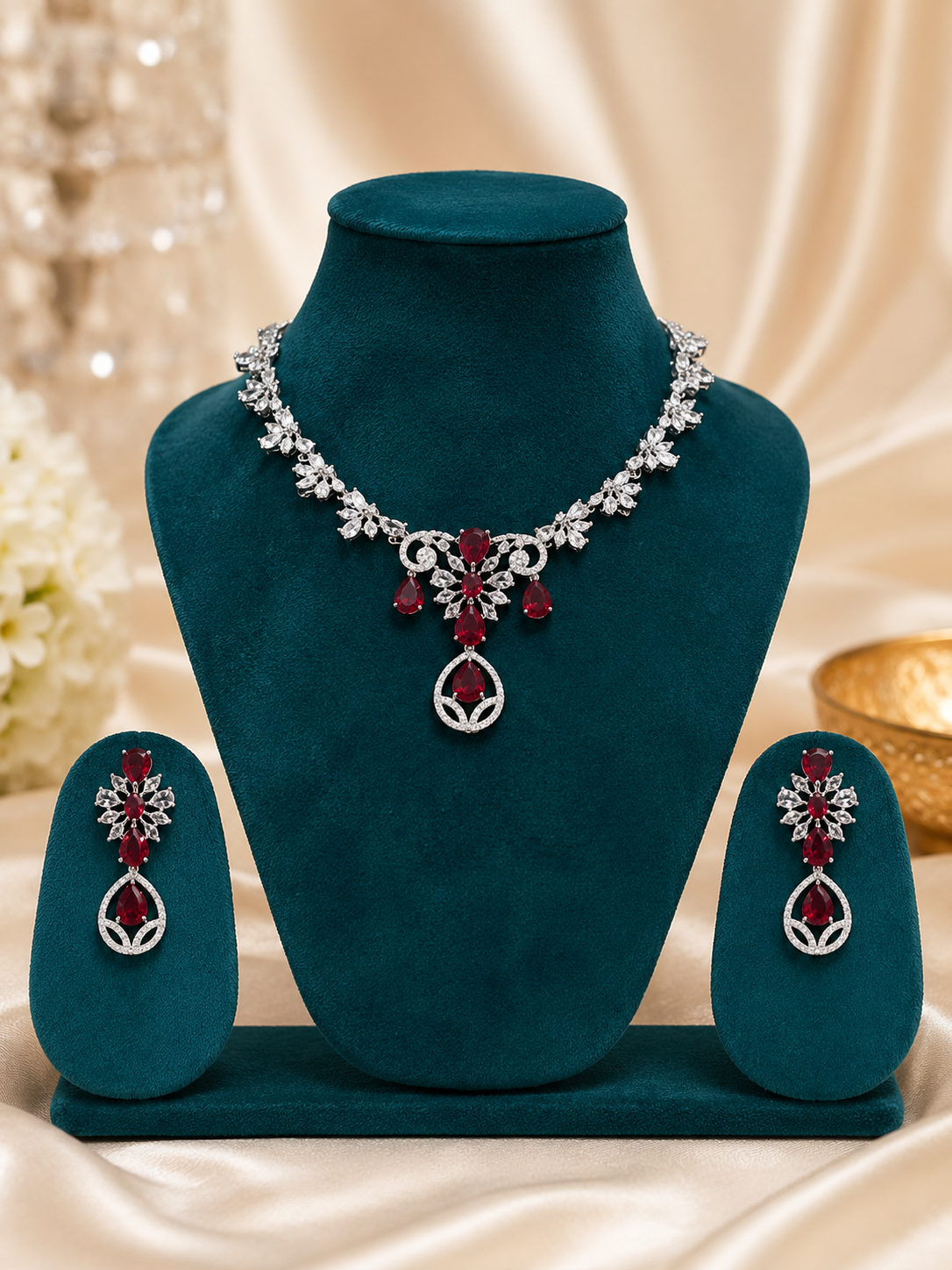 Ruby Blossom American Diamond Necklace Set