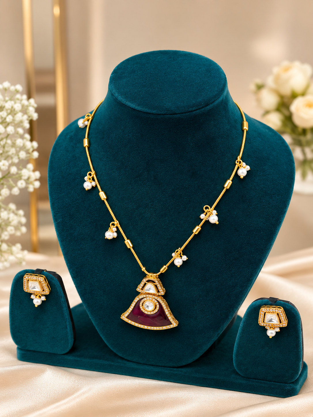 Royal Pearl Drop Temple Pendant Necklace Set