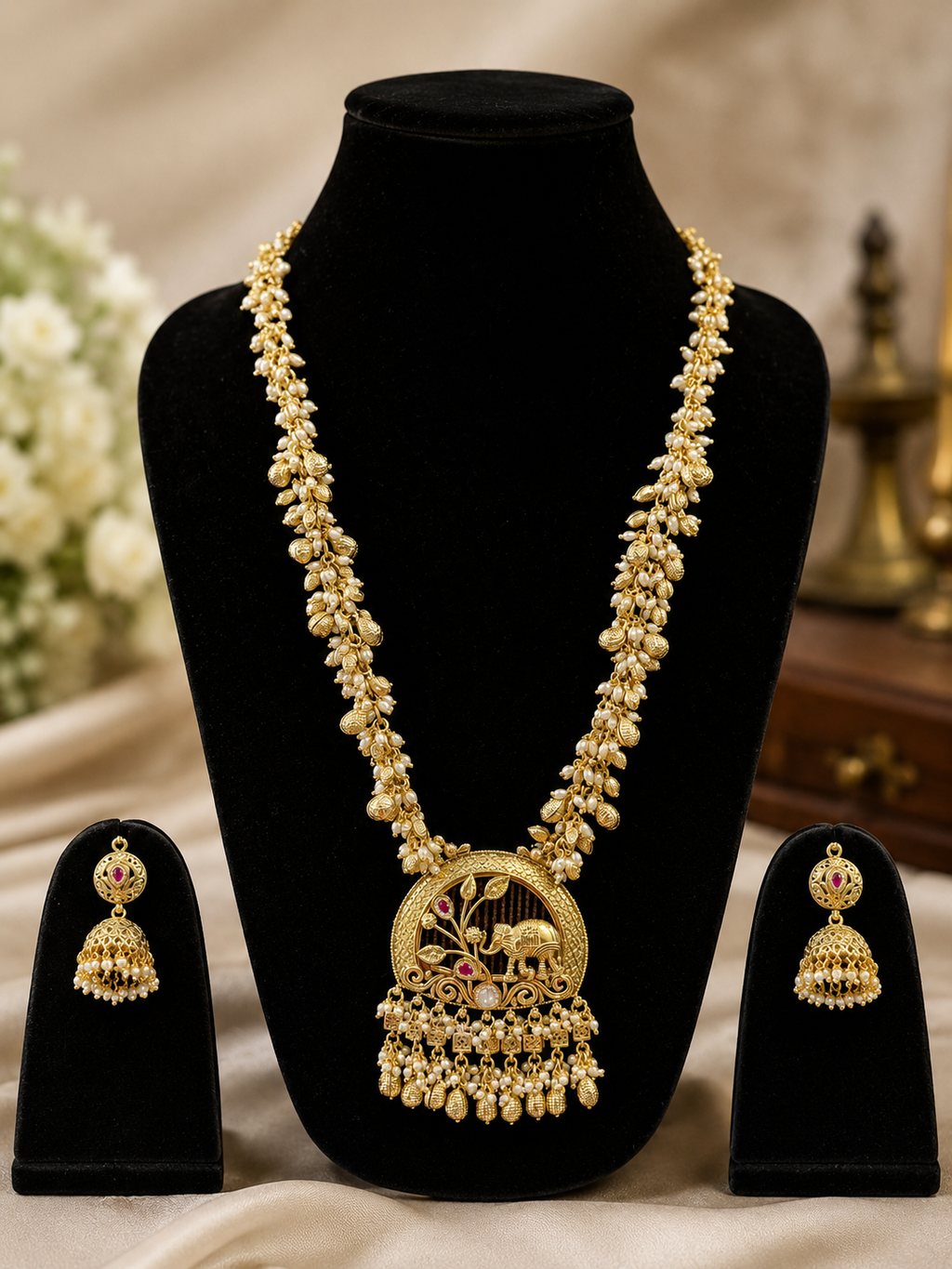 Rajwada Elephant Motif Gold-Plated Long Necklace Set with Jhumka Earrings