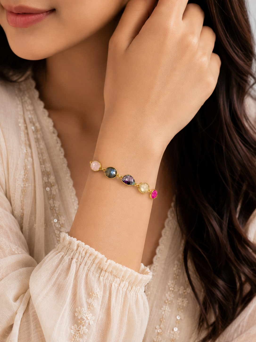 Praynil Multicolor Natural Stone Gold-Plated Adjustable Bracelet
