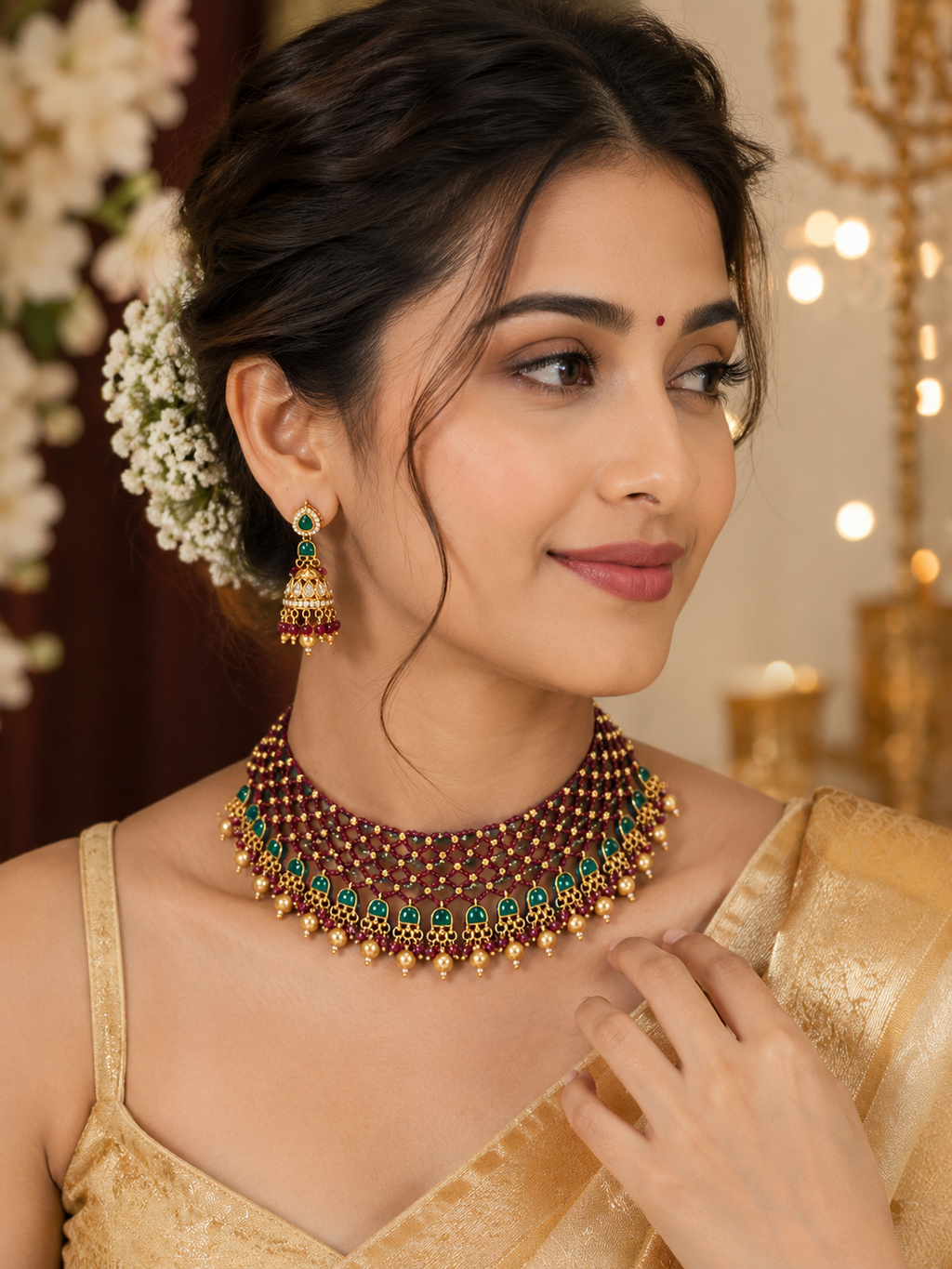 Ruby Emerald Kundan Jhumka Earrings