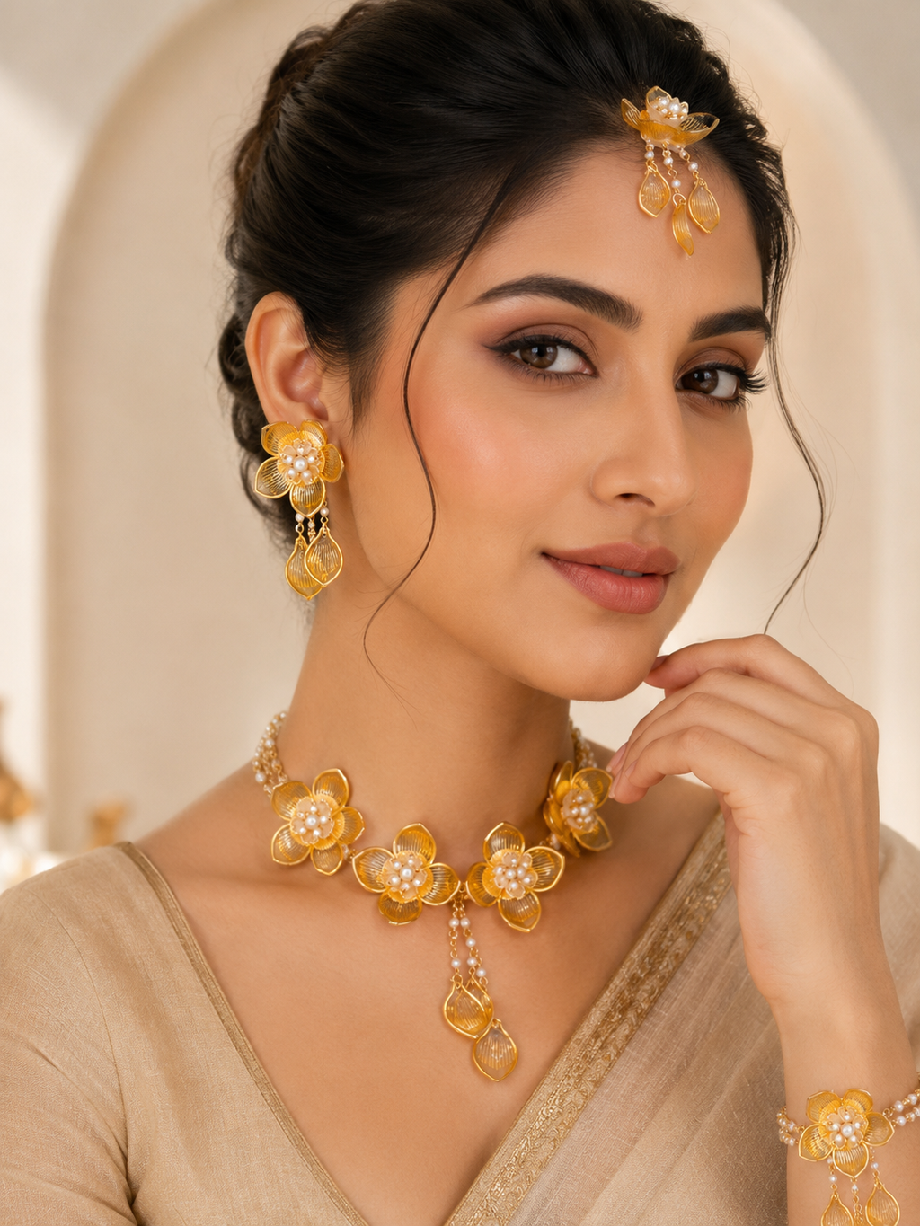 Golden Floral Pearl Necklace Set
