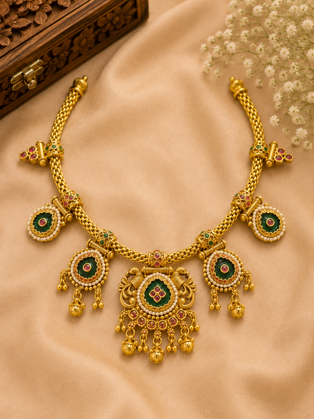 Royal Heritage Peacock Motif Antique Gold Choker Necklace Set with Jhumka Earrings