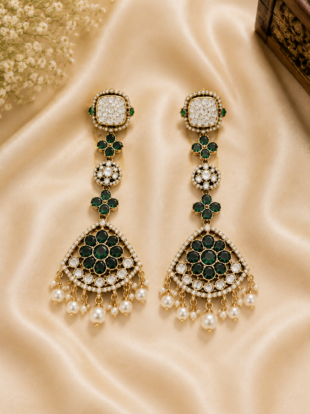 Emerald Green Kundan-Style Pearl Drop Earrings