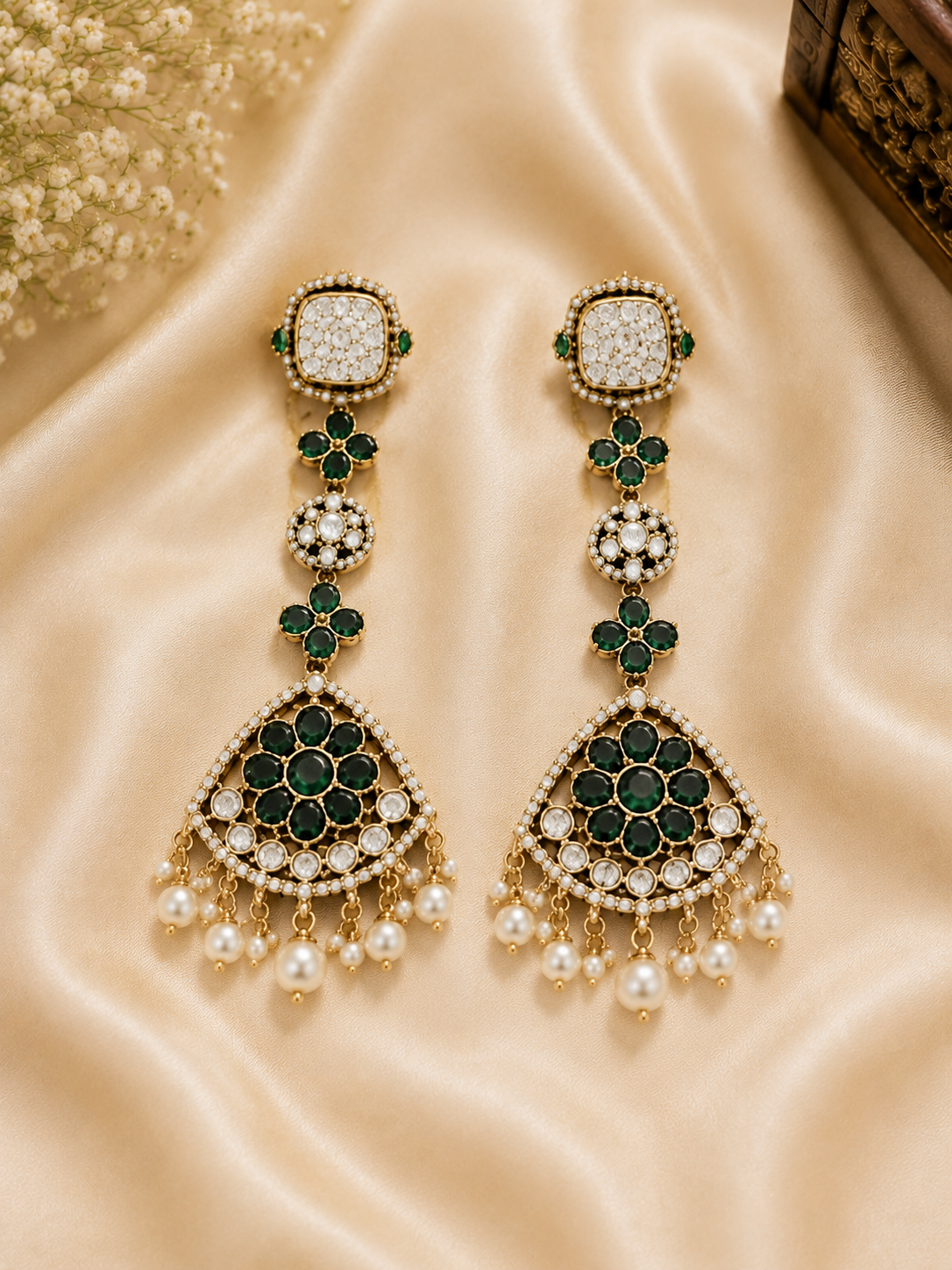 Emerald Green Kundan-Style Pearl Drop Earrings