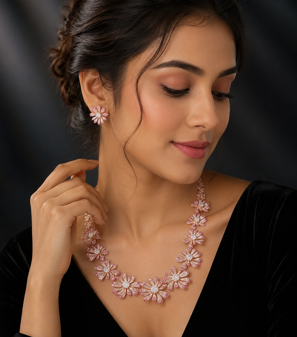 Luxury Floral CZ Diamond Necklace Set for Women | Rose Gold Plated