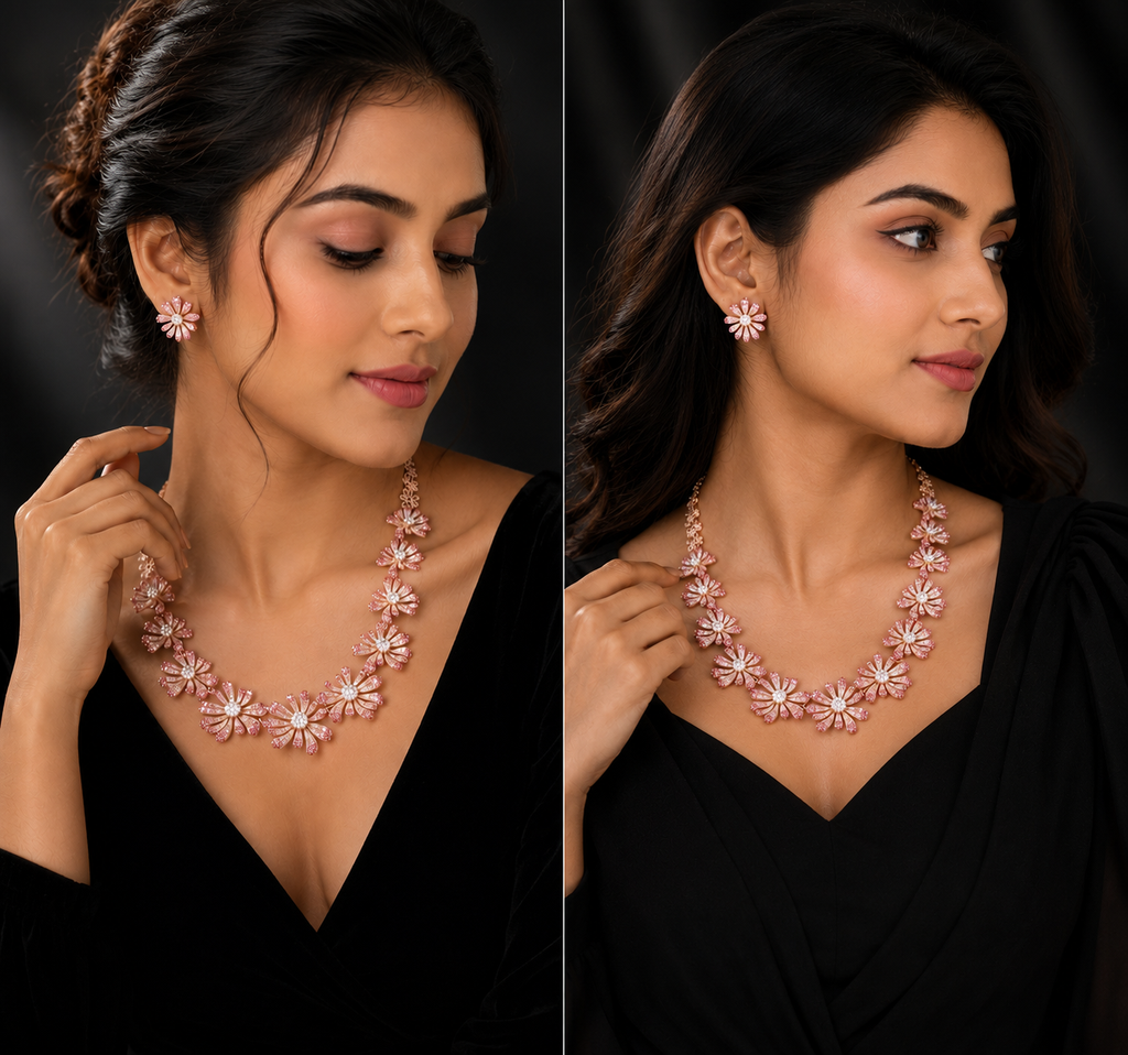 Luxury Floral CZ Diamond Necklace Set for Women | Rose Gold Plated