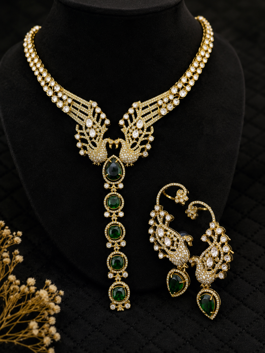 Emerald Peacock AD Bridal Necklace Set