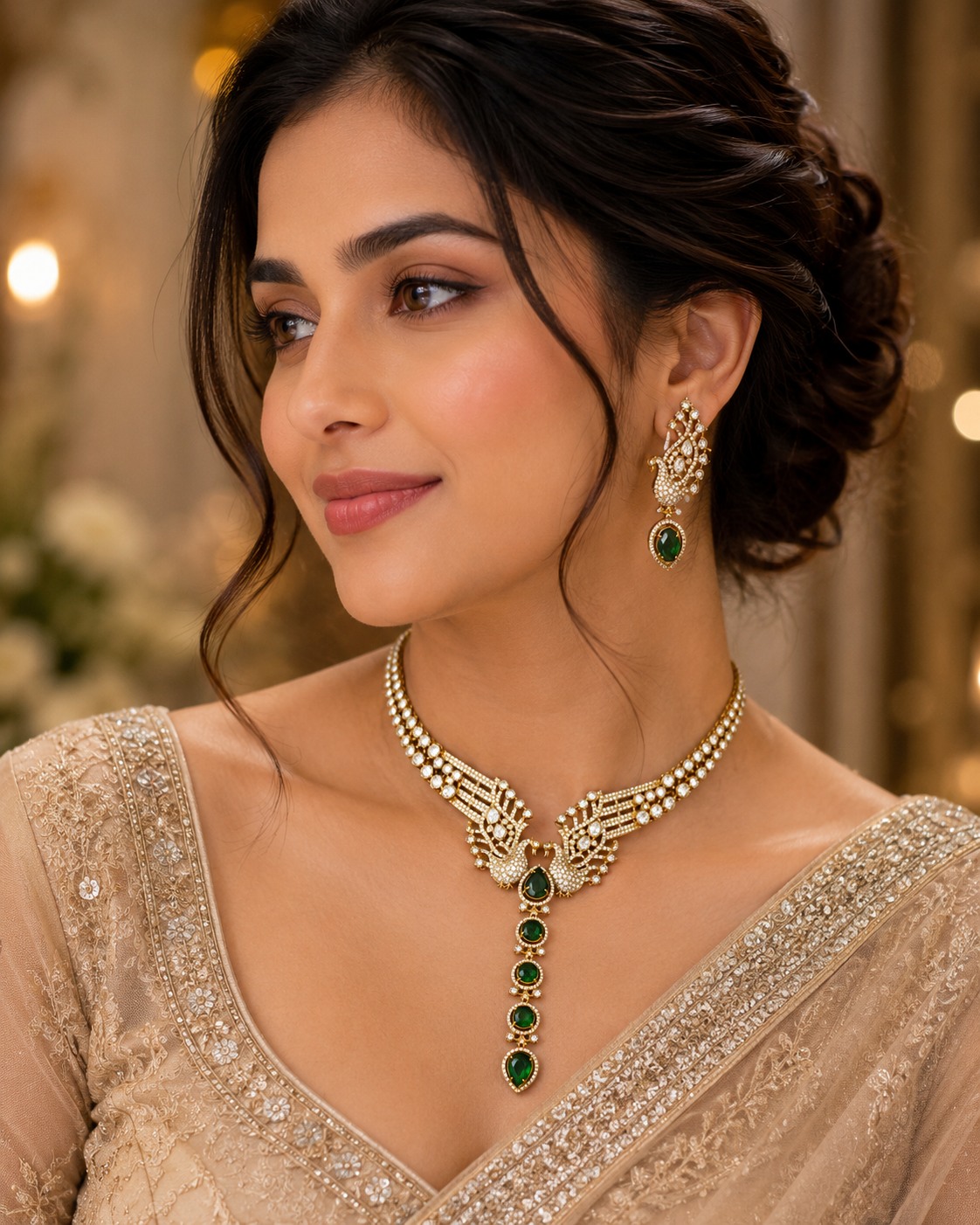 Emerald Peacock AD Bridal Necklace Set
