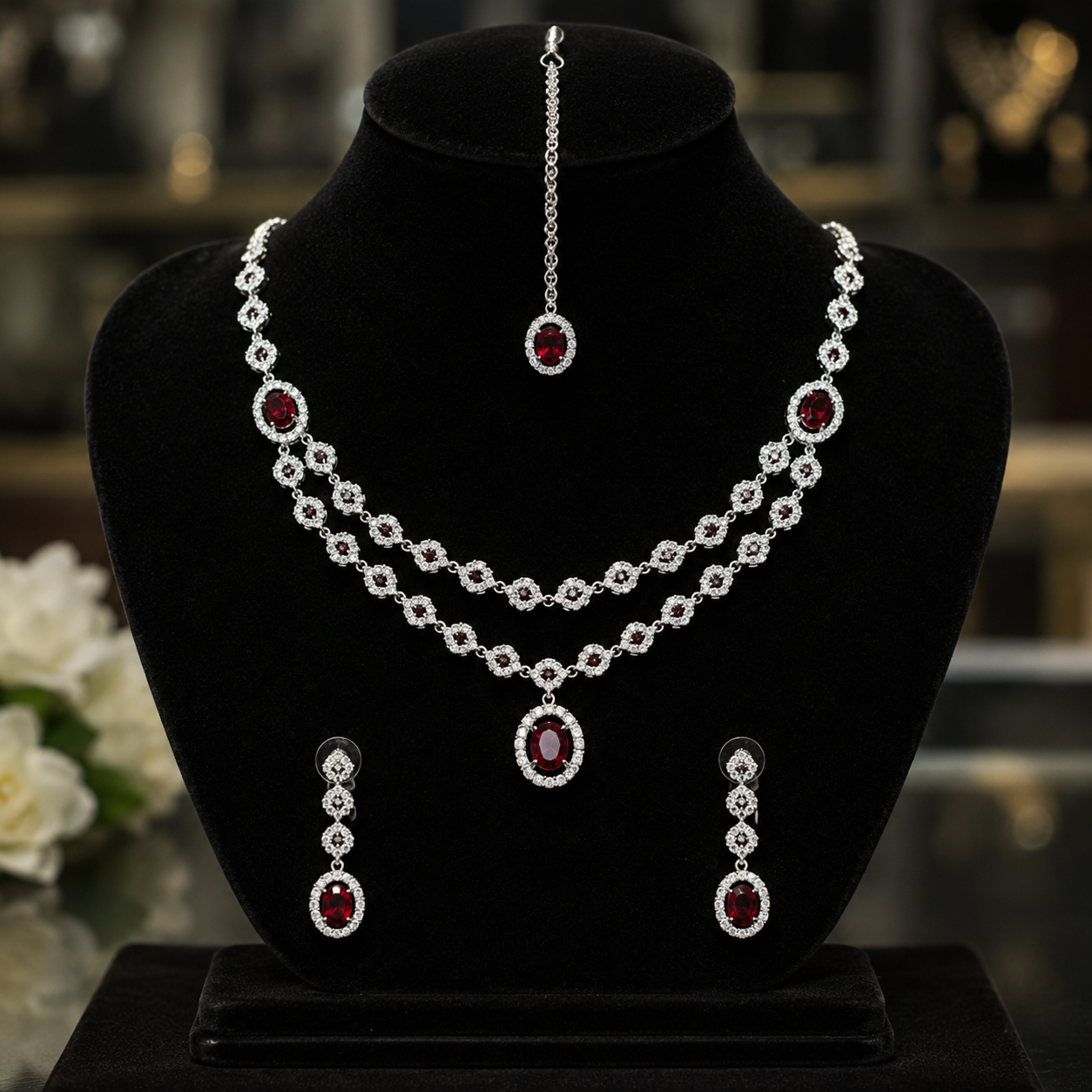Ruby Radiance Silver Necklace Set