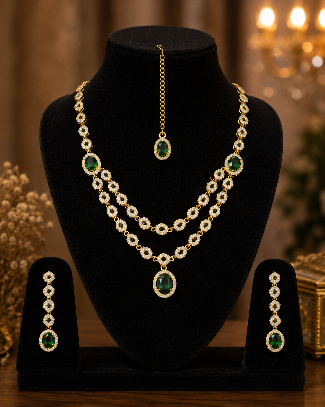 Emerald Grace AD Layered Necklace Set