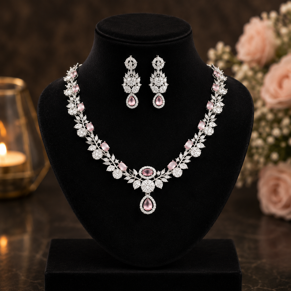 Luxury Pink CZ Diamond Necklace Set for Women