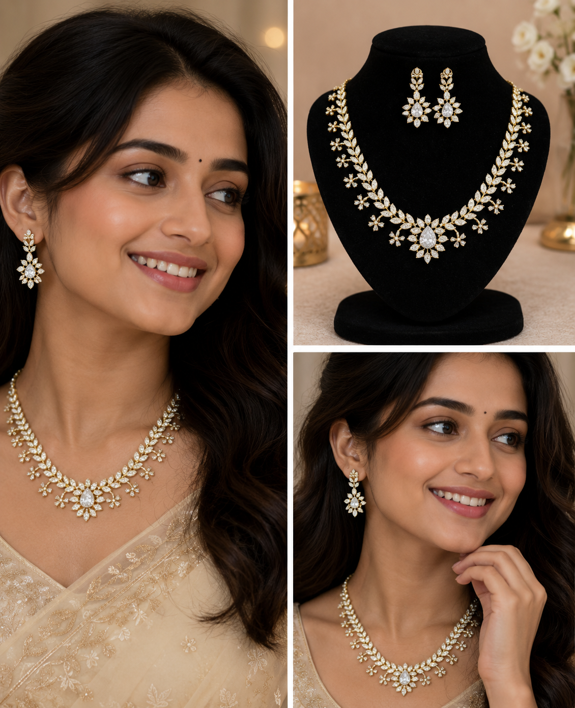 Luxury Floral CZ Diamond Necklace Set for Women