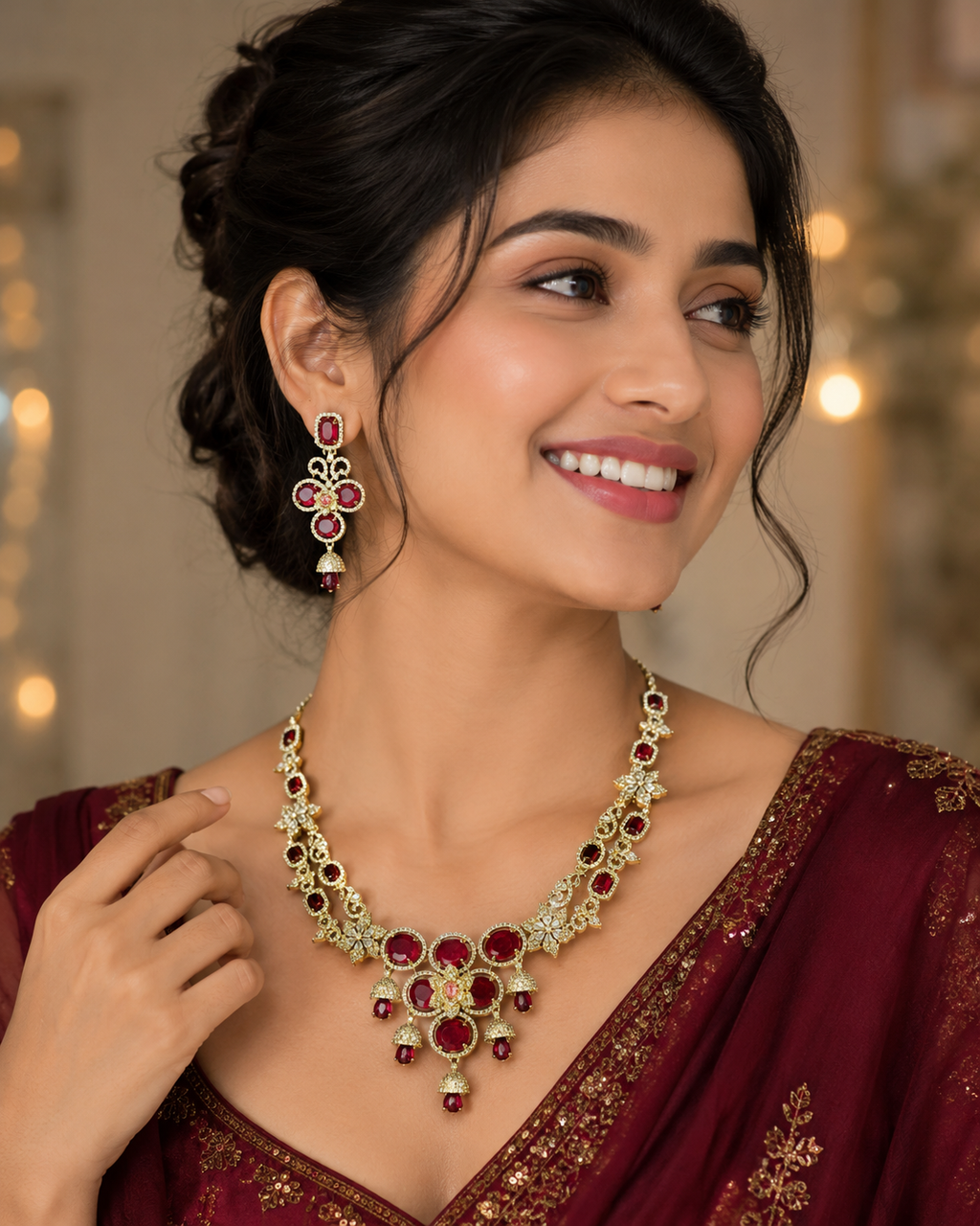 Luxury Ruby Red CZ Bridal Necklace Set for Women