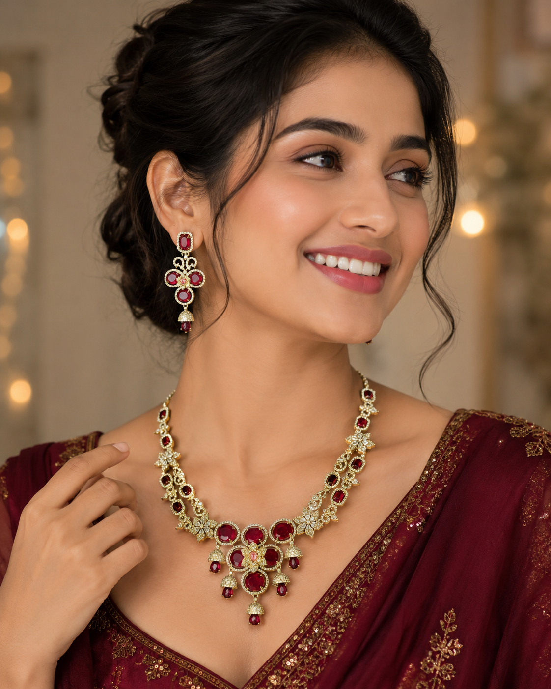 Luxury Ruby Red CZ Bridal Necklace Set for Women