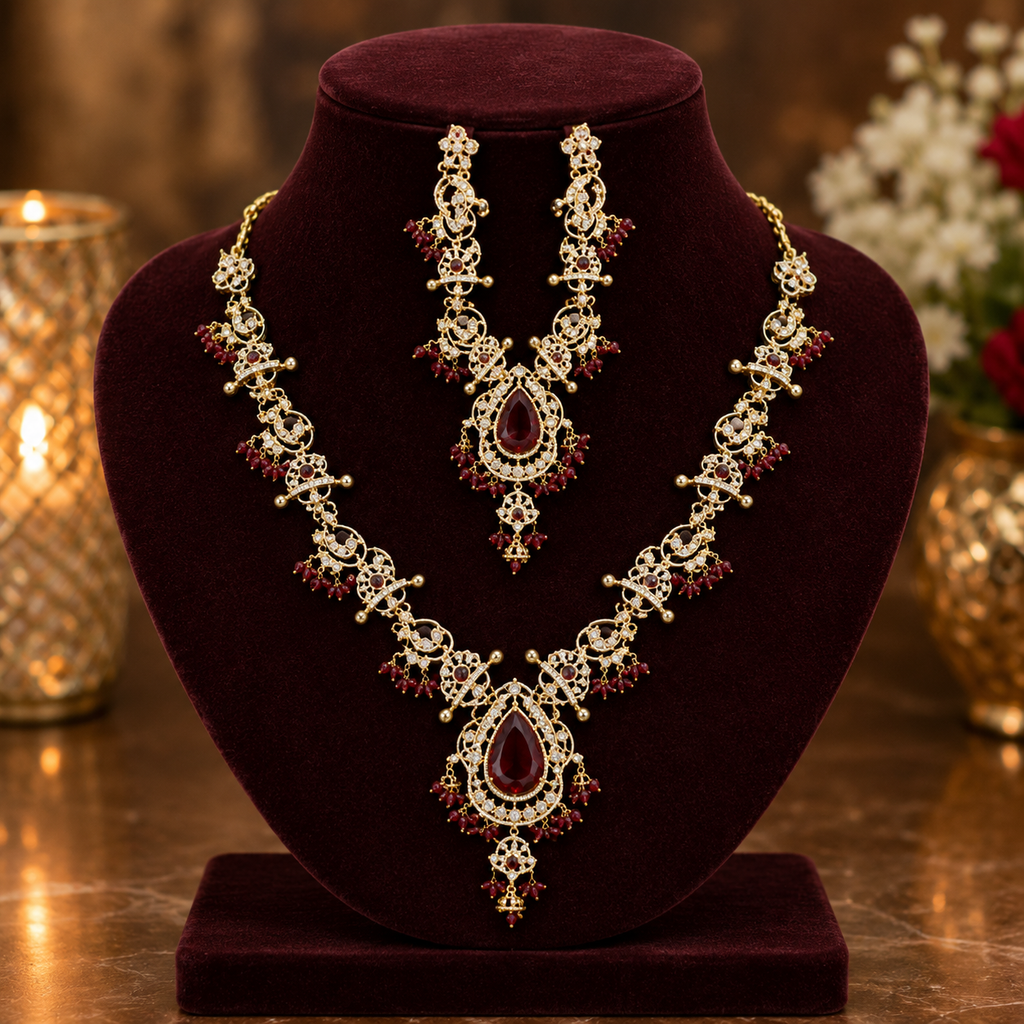 Royal Maroon CZ Bridal Necklace Set for Women