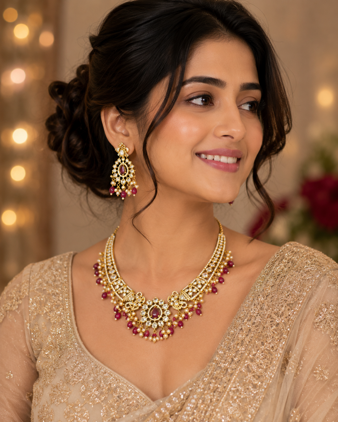 Royal Ruby Pearl CZ Necklace Set for Women