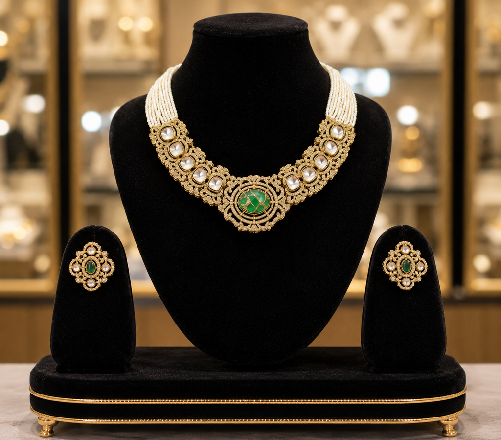 Royal Kundan Pearl Choker Necklace Set with Green Stone