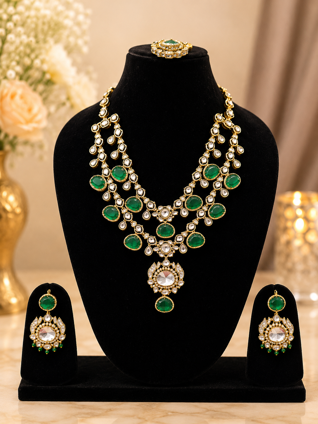 Emerald Kundan Statement Drop Earrings for Women | Gold-Plated Bridal & Party Wear Earrings