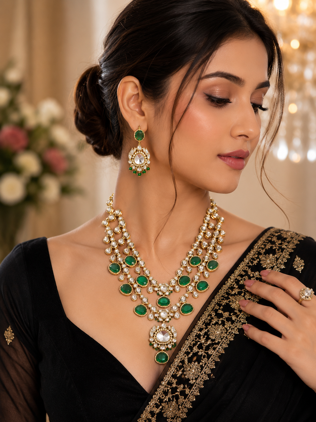 Emerald Kundan Statement Drop Earrings for Women | Gold-Plated Bridal & Party Wear Earrings