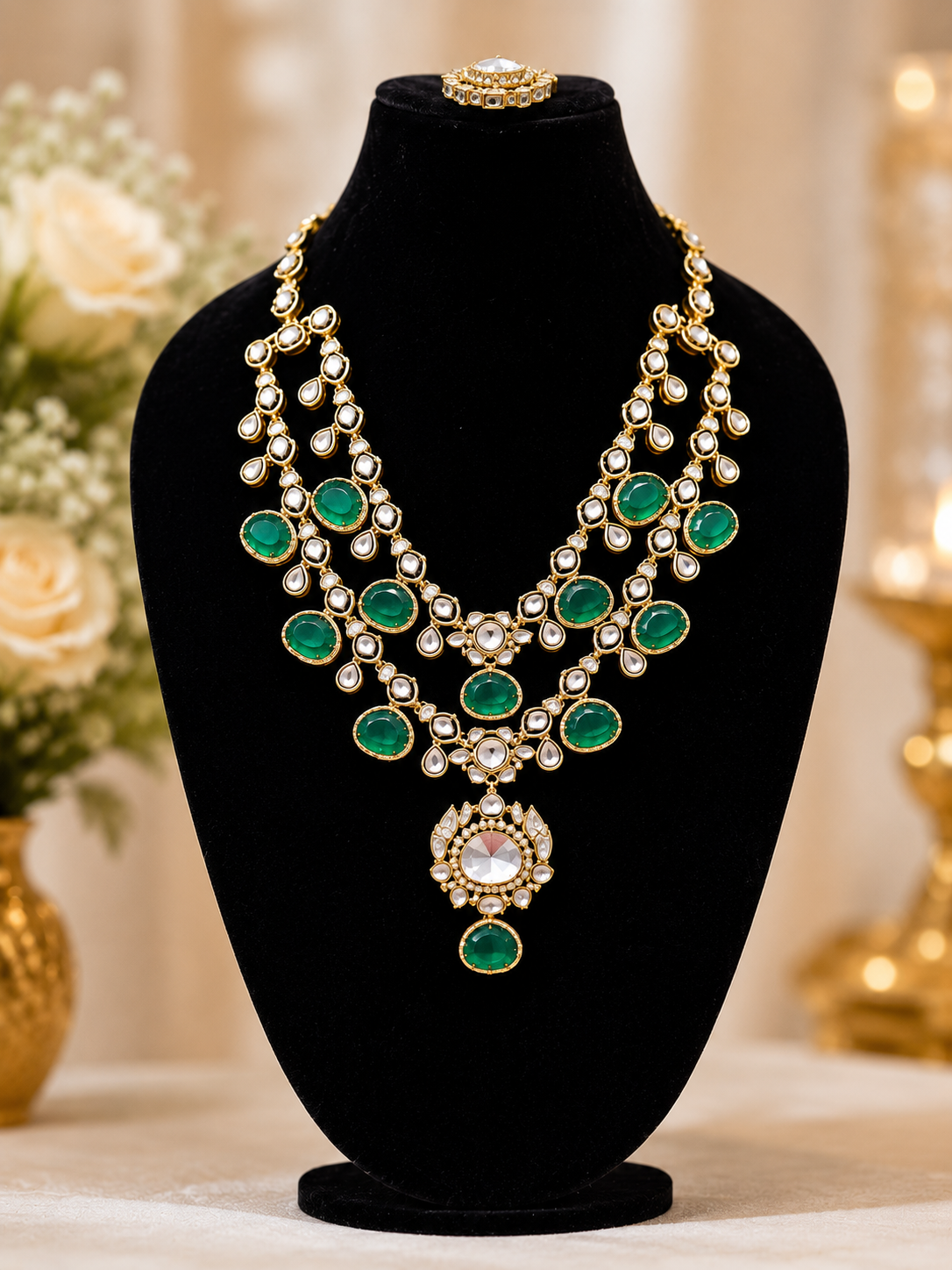Emerald Kundan Statement Drop Earrings for Women | Gold-Plated Bridal & Party Wear Earrings