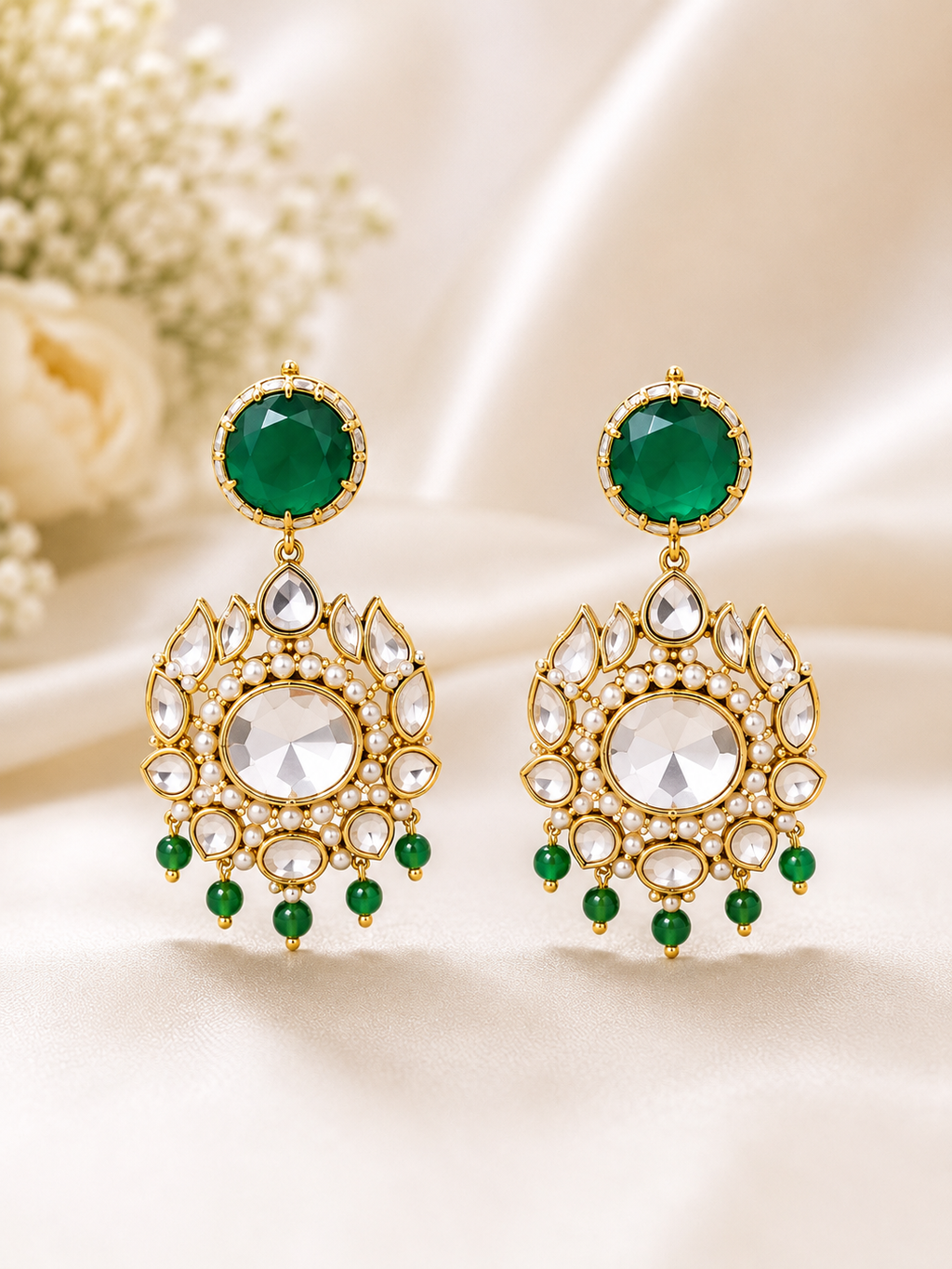Emerald Kundan Statement Drop Earrings for Women | Gold-Plated Bridal & Party Wear Earrings