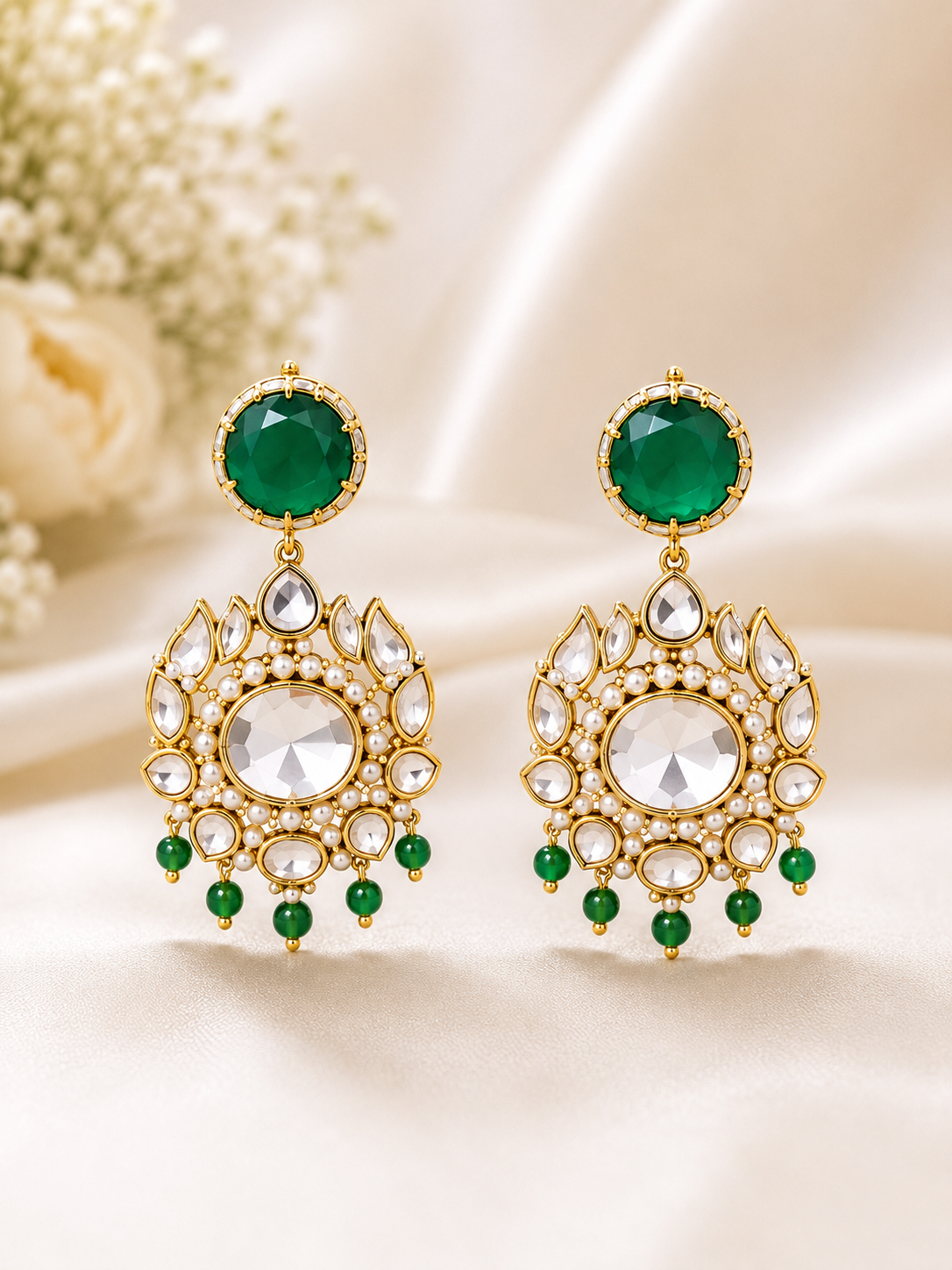 Emerald Kundan Statement Drop Earrings for Women | Gold-Plated Bridal & Party Wear Earrings