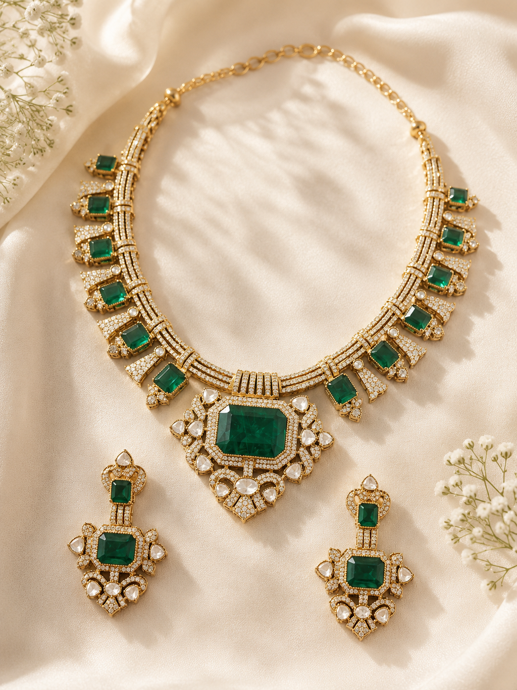 Luxury Emerald Green Statement Necklace Set with Earrings