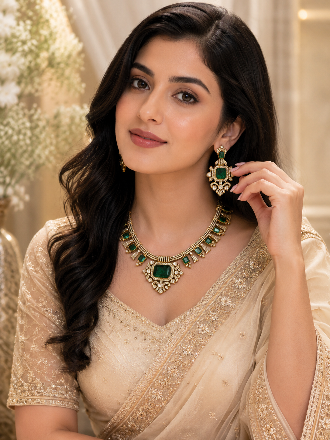 Luxury Emerald Green Statement Necklace Set with Earrings